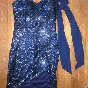 Blue strapless sparkle dress w/ chiffon shoulder